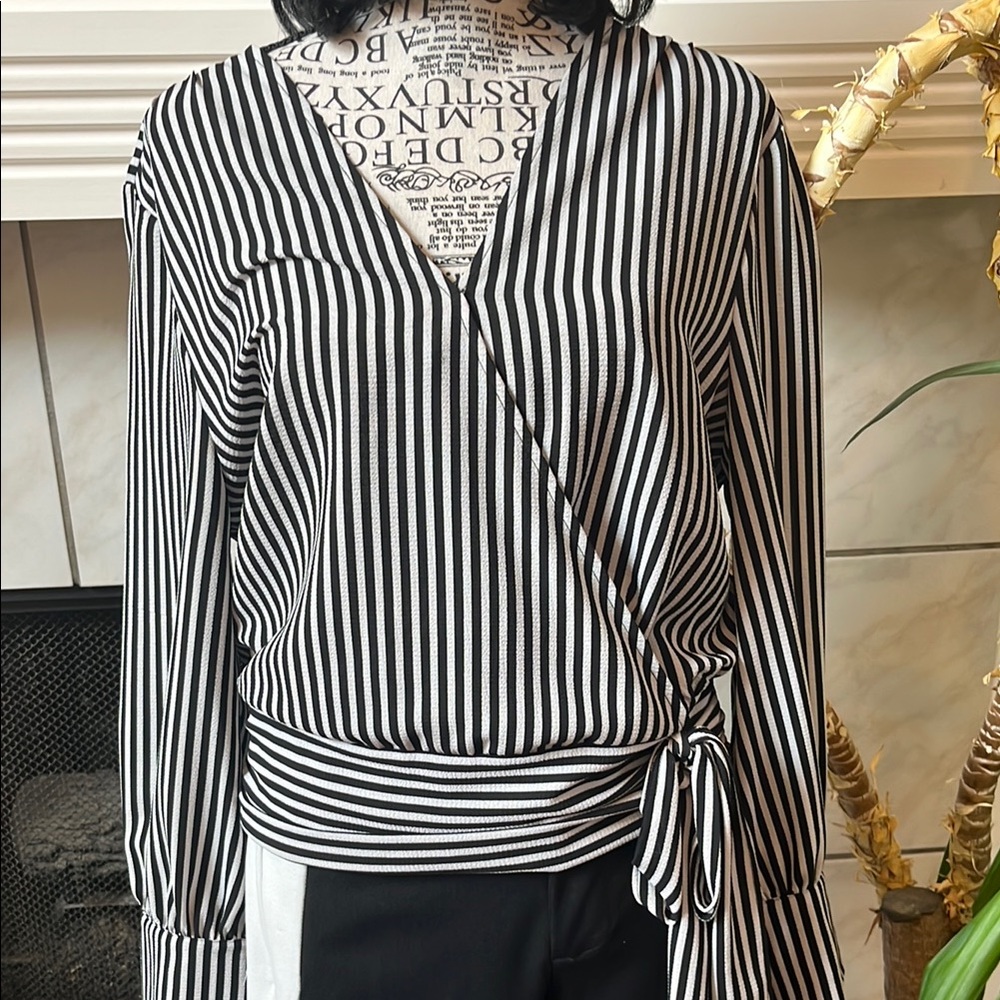 Striped Black and White Wrap Top